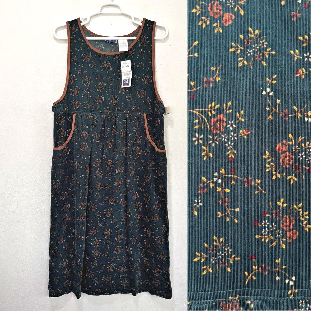 Erika Co Vintage 90s Floral Corduroy Jumper Dress XL Cottagecore Soft Grunge NWT
